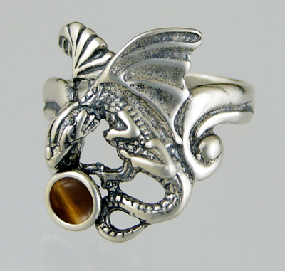 Sterling Silver Detailed Dragon Ring With Tiger Eye Size 10